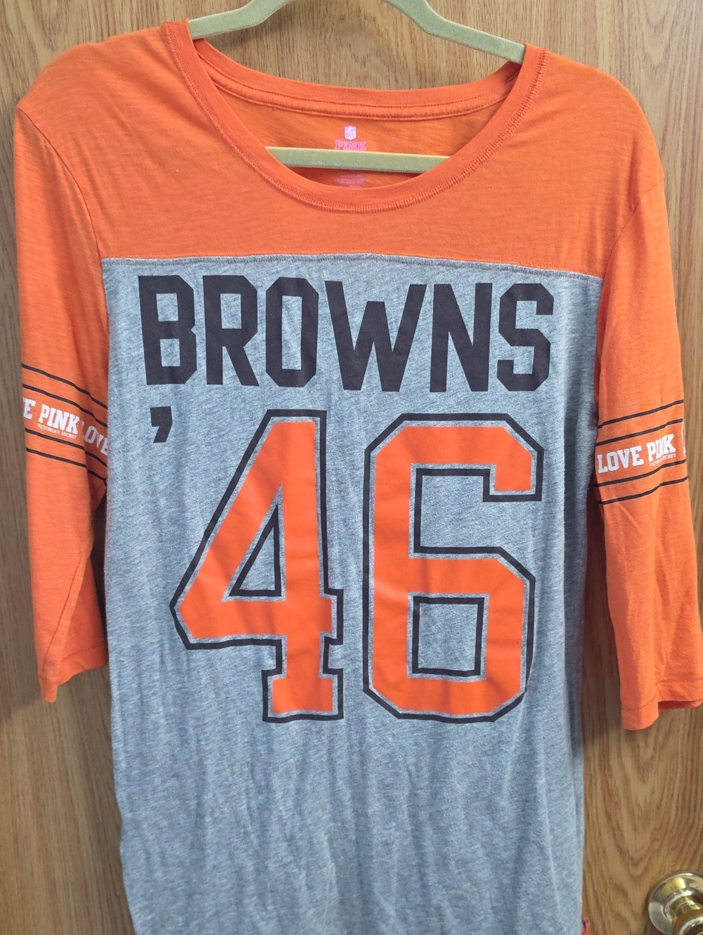 PINK Victoria's Secret Orange & Gray 'BROWNS 46' Long Sleeve Tee